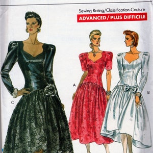 May include: A vintage sewing pattern for three different dresses. The pattern is for sizes 12-14-16 and is labeled as "Advanced/Plus Difficile". The dresses are all high-waisted and have a fitted bodice. The first dress is black with a lace overlay and a high-low hemline. The second dress is red with a floral print and a full skirt. The third dress is white with a bow at the waist and a full skirt.