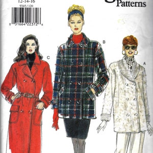May include: Three different coat patterns for sewing. The first coat is red with a double-breasted closure and a belt. The second coat is a plaid pattern with a double-breasted closure. The third coat is white with a double-breasted closure and a fur collar.