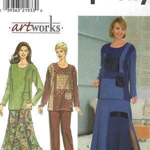 May include: A sewing pattern for a women's top and skirt. The pattern is from Simplicity and is for sizes 12, 14, and 16. The pattern includes a green top with a pocket and a paisley skirt, a brown top with a patterned design and brown trousers, and a blue top with a patterned design and a blue skirt with a slit.