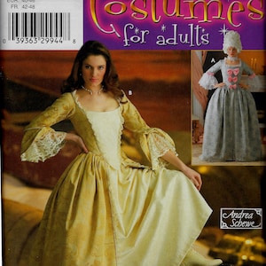 May include: Simplicity pattern 4092 for costumes for adults. The pattern includes two designs: a yellow and white gown with lace trim and a gray gown with pink bows. The pattern is for sizes 14, 16, 18, and 20.