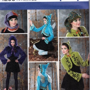 May include: Simplicity sewing pattern number 1293 for hooded costumes. The pattern includes instructions and templates for felted motifs. The pattern is available in sizes 6, 8, 10, and 12. The pattern shows four different hooded costumes, including a purple hooded jacket, a blue hooded jacket, a green hooded jacket, and a green hooded hat.