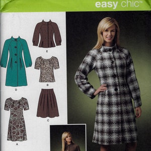 May include: A sewing pattern for a women's coat, skirt, and blouse. The pattern is for sizes D5 4, 6, 8, 10, 12, EUR. 30-38, FR. 32-40. The pattern is from Simplicity and is part of their easy chic line.