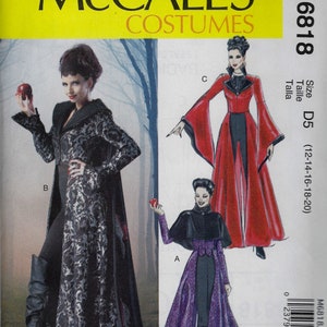 May include: Sewing pattern for a costume with three different looks. The pattern includes a black and silver gown with a cape, a red gown with a cape, and a purple gown with a cape. The pattern is for sizes 12-14-16-18-20. The pattern is called McCall's Costumes M6818.