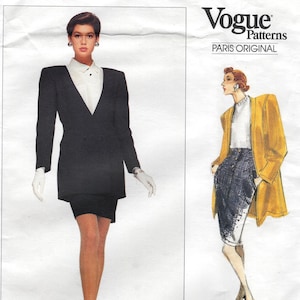 May include: Vogue Patterns sewing pattern for a black blazer and skirt with a white blouse. The pattern is labeled "Montana" and "2229".