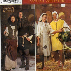 May include: A sewing pattern for a Renaissance costume collection. The pattern includes instructions for making a dress, a tunic, and a pair of pants. The pattern is from Simplicity and has the number 8587 on it.