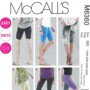 May include: McCall's M6360 sewing pattern showing different styles of knit shorts and leggings. The pattern includes options for various sizes, with the text "EASY" and "KNITS" on the front.