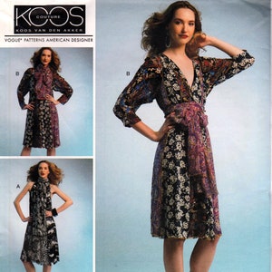 May include: A Vogue pattern featuring a Koos van den Akker design. The image showcases a woman wearing a patterned wrap dress with a V-neck and a matching belt. The dress has a floral and paisley print, and the model is wearing red heels.