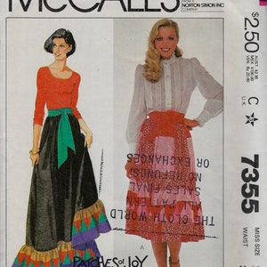 May include: McCall's sewing pattern 7355 for a skirt in size 10 with a 25 inch waist. The pattern includes two skirt styles: a red skirt with a white lace trim and a black skirt with a colorful patchwork trim. The pattern is from the "The Cloth World" brand and includes instructions for making the skirt.