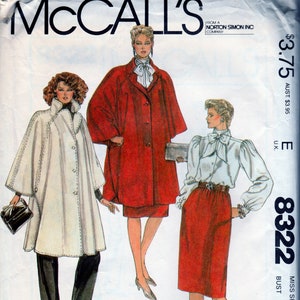 May include: A sewing pattern for a dress and two coats. The pattern is from McCall's and is for a miss size 14, bust 36. The dress is red and has a white collar. The coats are white and red.