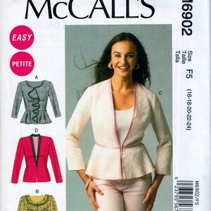 May include: A sewing pattern for a jacket with a ruffled neckline, a fitted bodice, and a peplum hem. The pattern is for sizes 16-18-20-22-24 and is labeled "Easy" and "Petite".