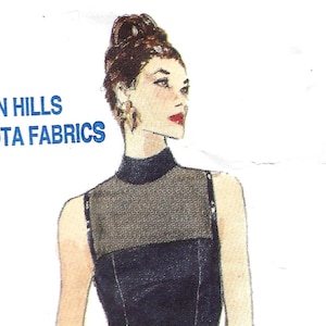May include: Illustration of a dark blue, floor-length dress with a high neckline and a sheer yoke. The dress has a fitted silhouette and is accessorized with a gold bracelet. The image is a fashion design sketch.