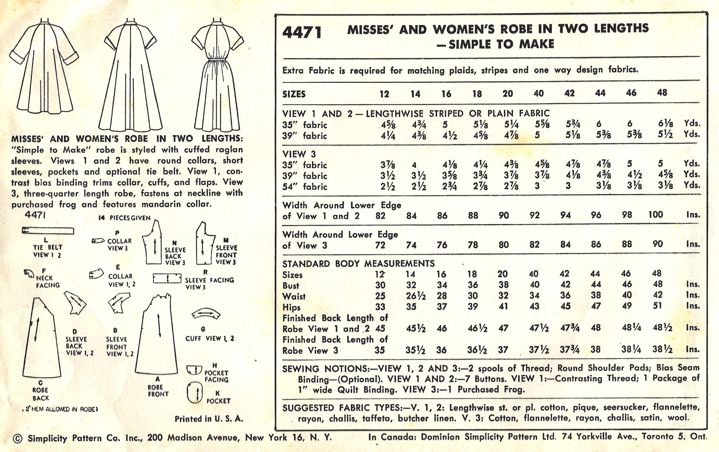 Simplicity 4471 Dress & Bath Robe Sewing Pattern - Etsy