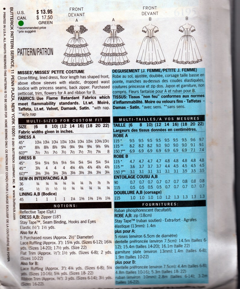 Puede incluir: Un patr&oacute;n de costura para un vestido y un disfraz para mujer. El patr&oacute;n incluye instrucciones para las tallas 6-22 y los requisitos de tela en pulgadas y cent&iacute;metros. El patr&oacute;n es para un vestido entallado, forrado, con un frente con forma, mangas por encima del codo, cintura ca&iacute;da y cremallera en la espalda. El patr&oacute;n tambi&eacute;n incluye instrucciones para un enaguas, adornos y flores para el vestido.