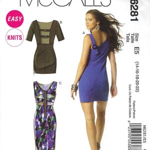 May include: A sewing pattern for a dress with three different styles. The pattern is for sizes 14-16-18-20-22. The pattern is called McCall's M6281.