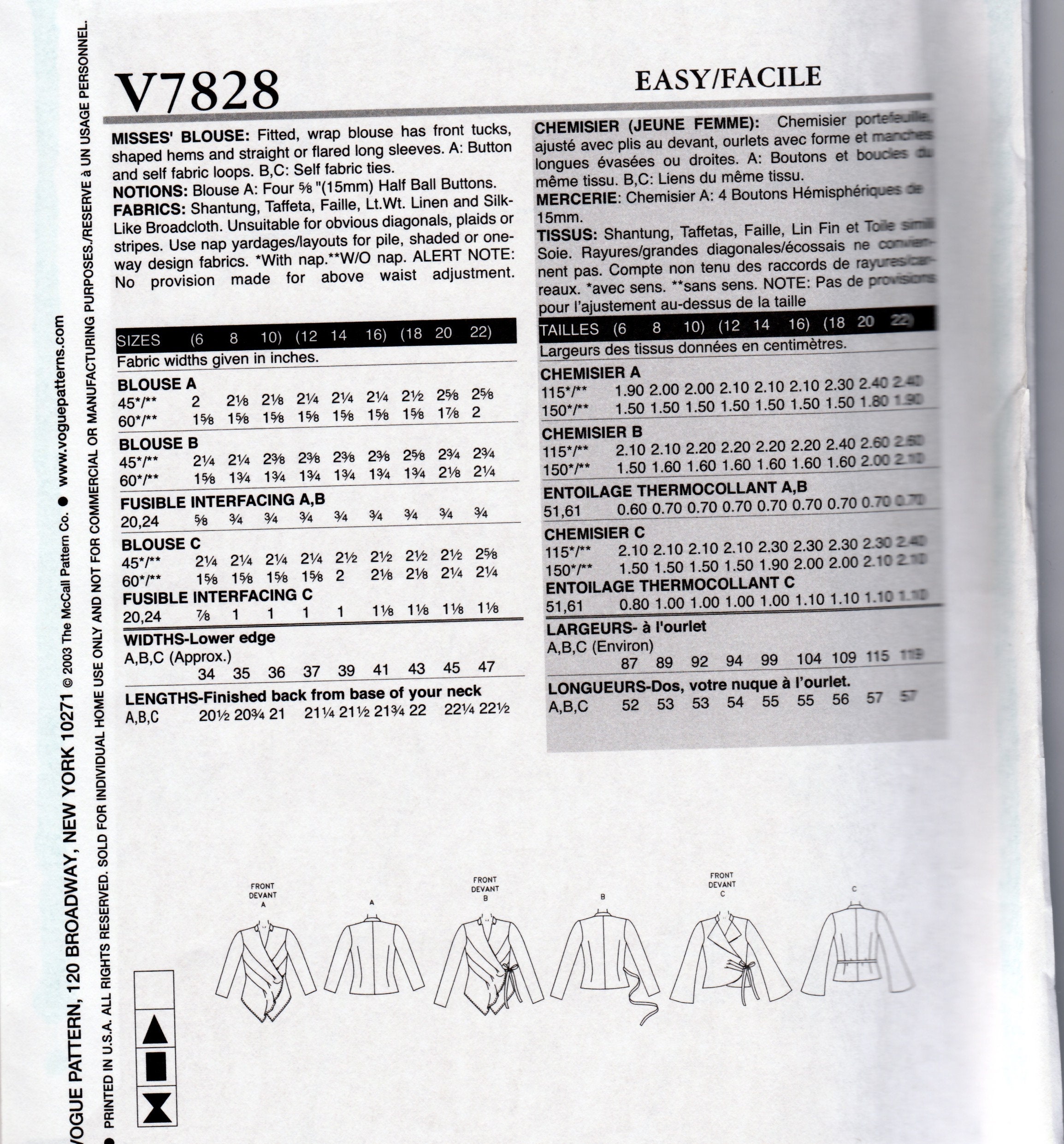 Wrap Blouse With Tucks - Vogue 7828 - Uncut Pattern - Etsy