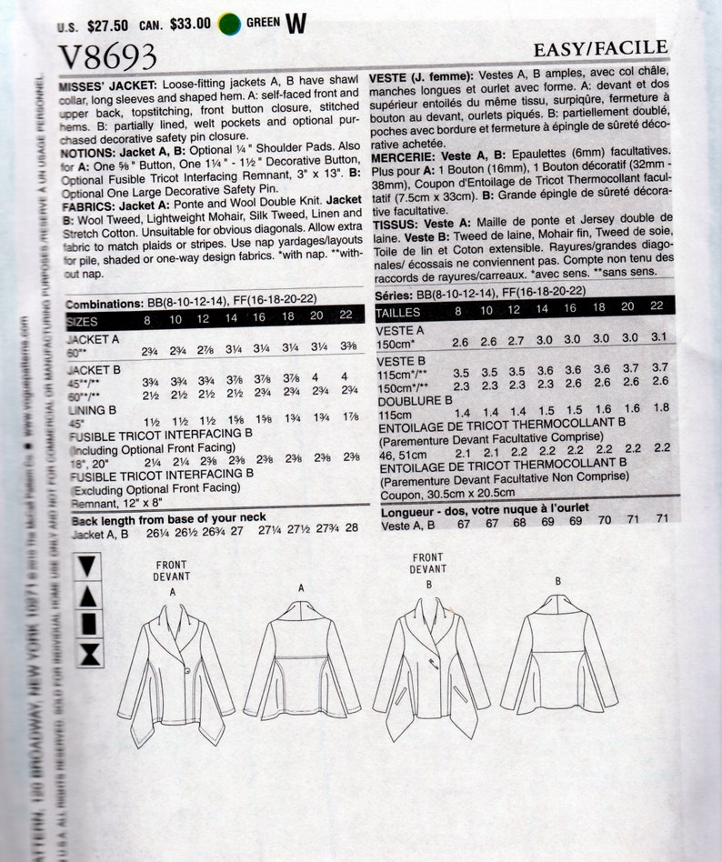 Puede incluir: Un patr&oacute;n de costura para una chaqueta holgada con cuello chal, mangas largas y dobladillo con forma. El patr&oacute;n incluye instrucciones para dos estilos diferentes, uno con un frente y una espalda superior autoforrados, y el otro con bolsillos de ribete. El patr&oacute;n est&aacute; disponible en las tallas 8-22 e incluye una tabla de tallas.