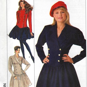 May include: A sewing pattern for a dress with a double-breasted closure and a skirt with a gathered ruffle. The pattern includes three different views: a red dress with a black skirt, a navy blue dress, and a beige dress. The pattern is for size 10, EUR 38.