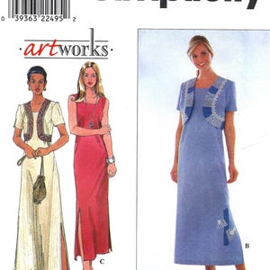 May include: A sewing pattern for a dress with a matching jacket. The pattern is for sizes 6, 8, and 10. The dress is shown in a light blue color with a white and blue patterned design. The jacket is shown in a white and blue patterned design. The pattern is from Simplicity and is called "artworks."