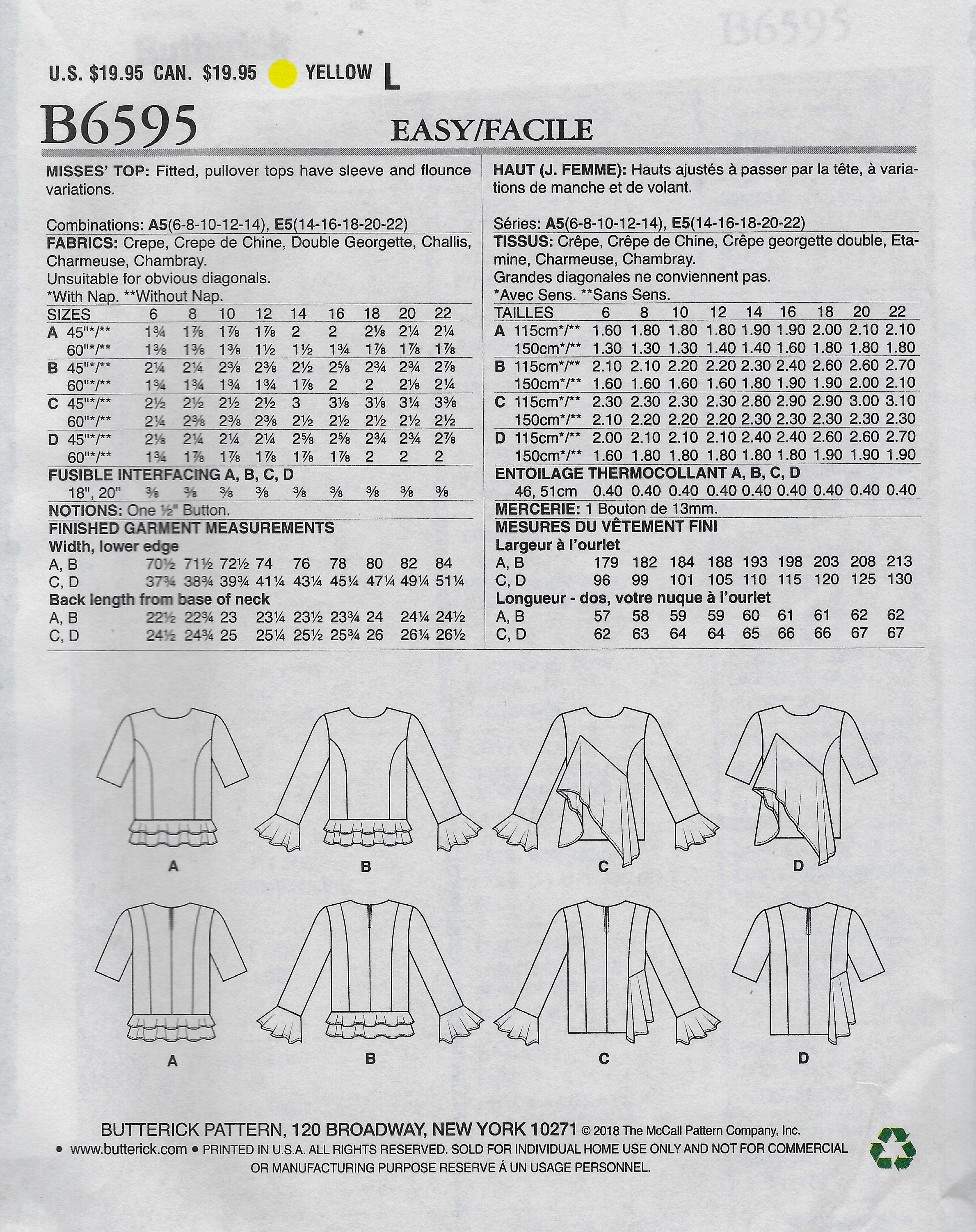Butterick 6595 Pullover Tops Sewing Pattern - Etsy Canada