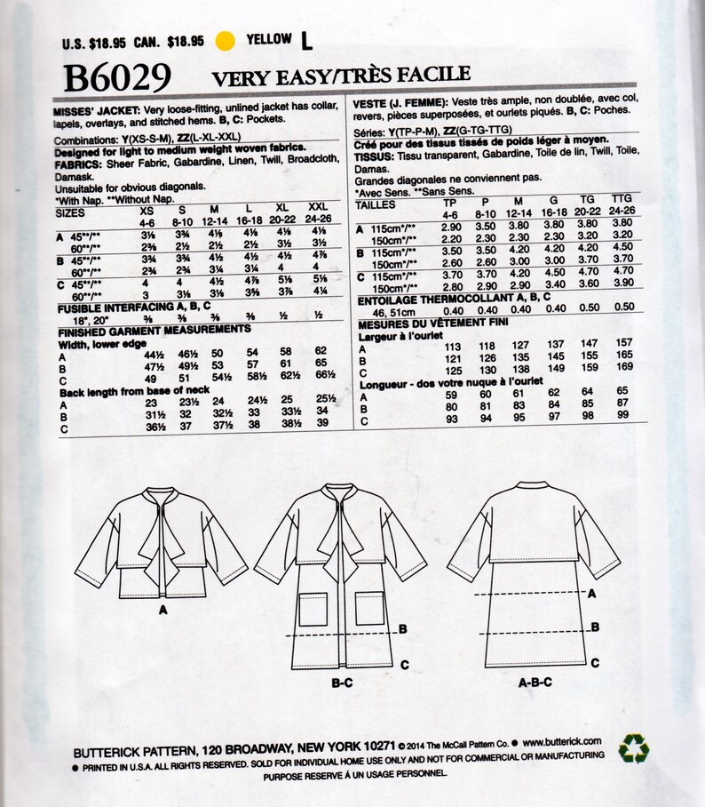 Coat and Jackets With Overlays - Butterick 6029 - Uncut Pattern - Etsy