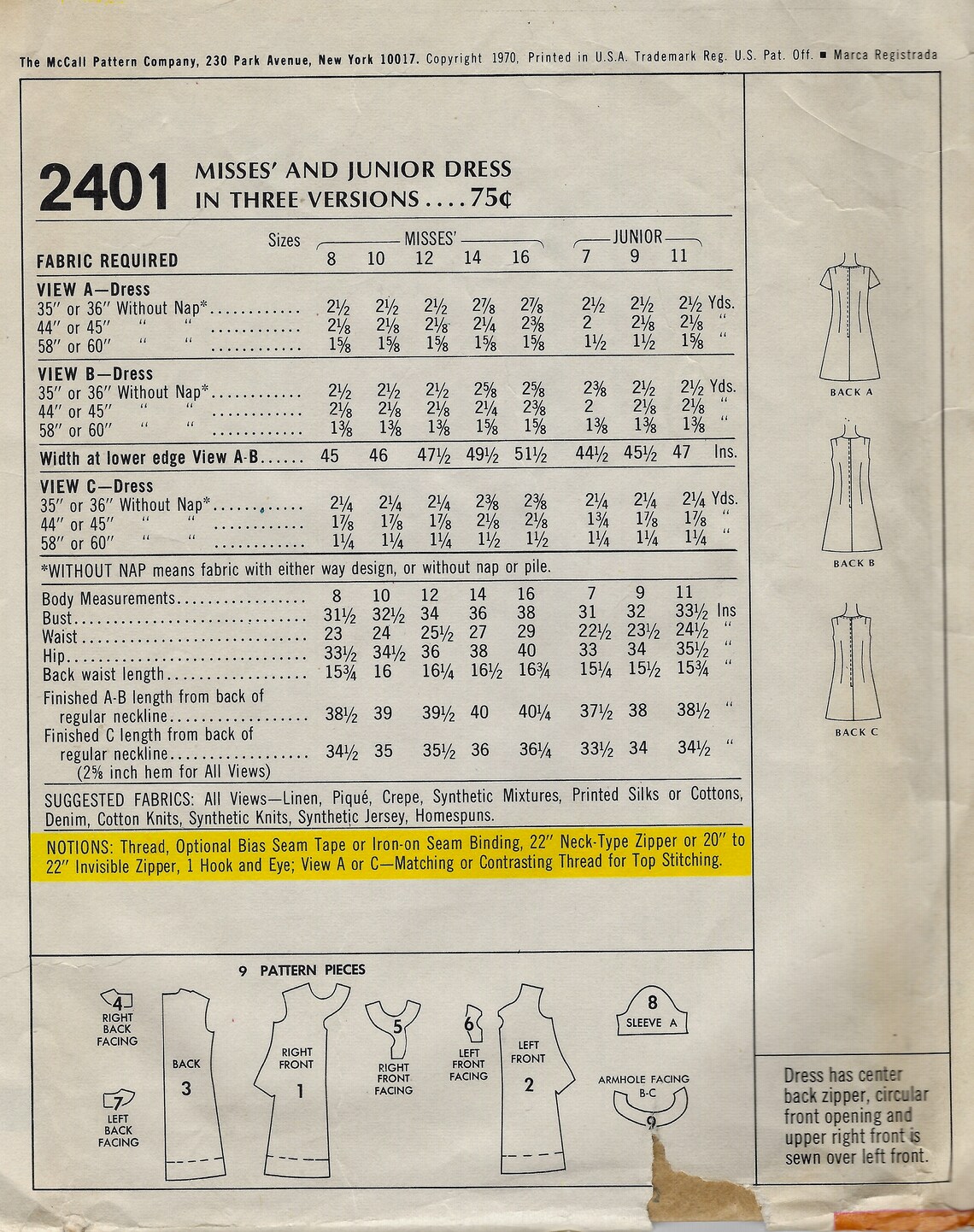 Mccall's 2401 Dress, Keyhole Opening Sewing Pattern - Etsy
