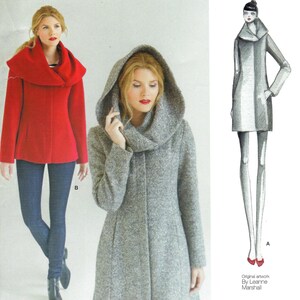 May include: Simplicity pattern 1254 by Leanne Marshall. The pattern features a hooded coat and a coat with a large collar. The image shows a woman wearing a red coat and a woman wearing a grey coat. The pattern size is U.S. 14-22, Euro 40-48, and French 42-50.