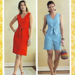 May include: Two women's sleeveless dresses with a V-neckline and a tie at the waist. The dress on the left is red and the dress on the right is light blue. The pattern is B6760, size E5 (14-16-18-20-22).
