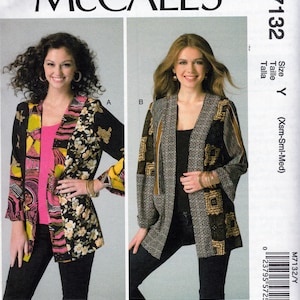 May include: McCall's M7132 sewing pattern showing two jacket designs with open fronts and diverse fabric patterns. The pattern includes sizes X-Small to Medium. The cover features the McCall's logo and the designer's name. Measurements are in cm.