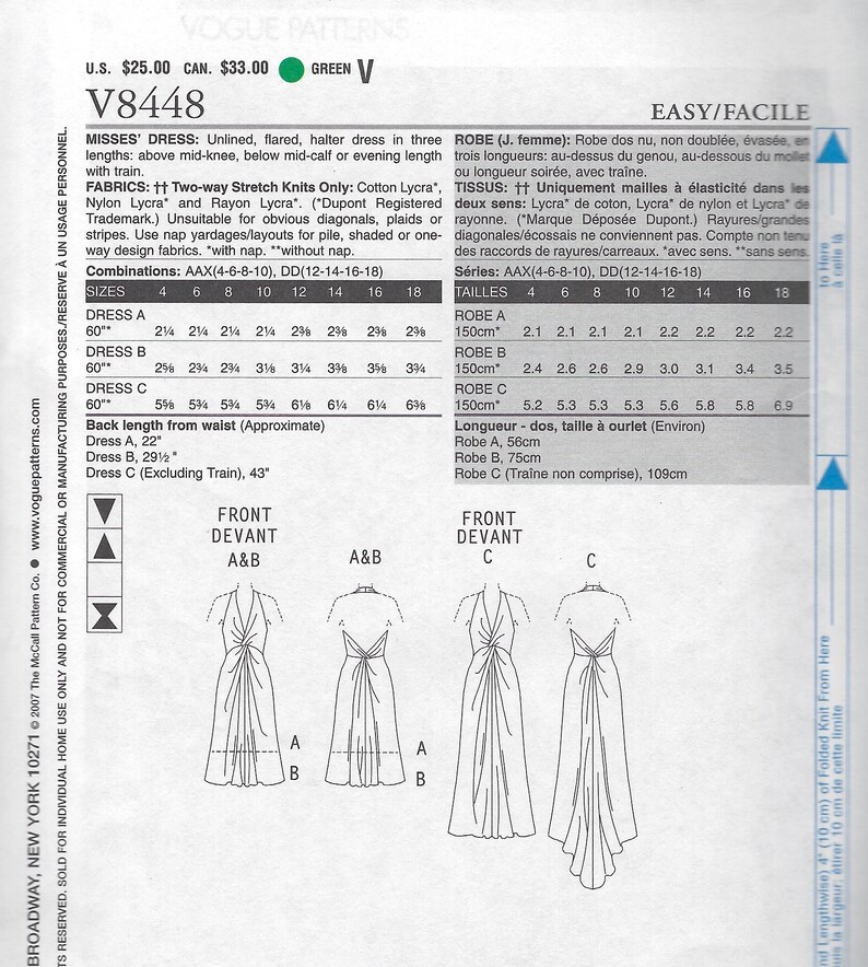 Vogue 8448 Halter Dress or Gown Uncut Pattern