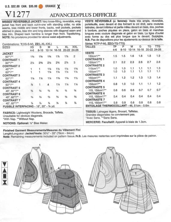 Vogue 1277 Jacket, Reversible by Koos Van Den Akker Sewing