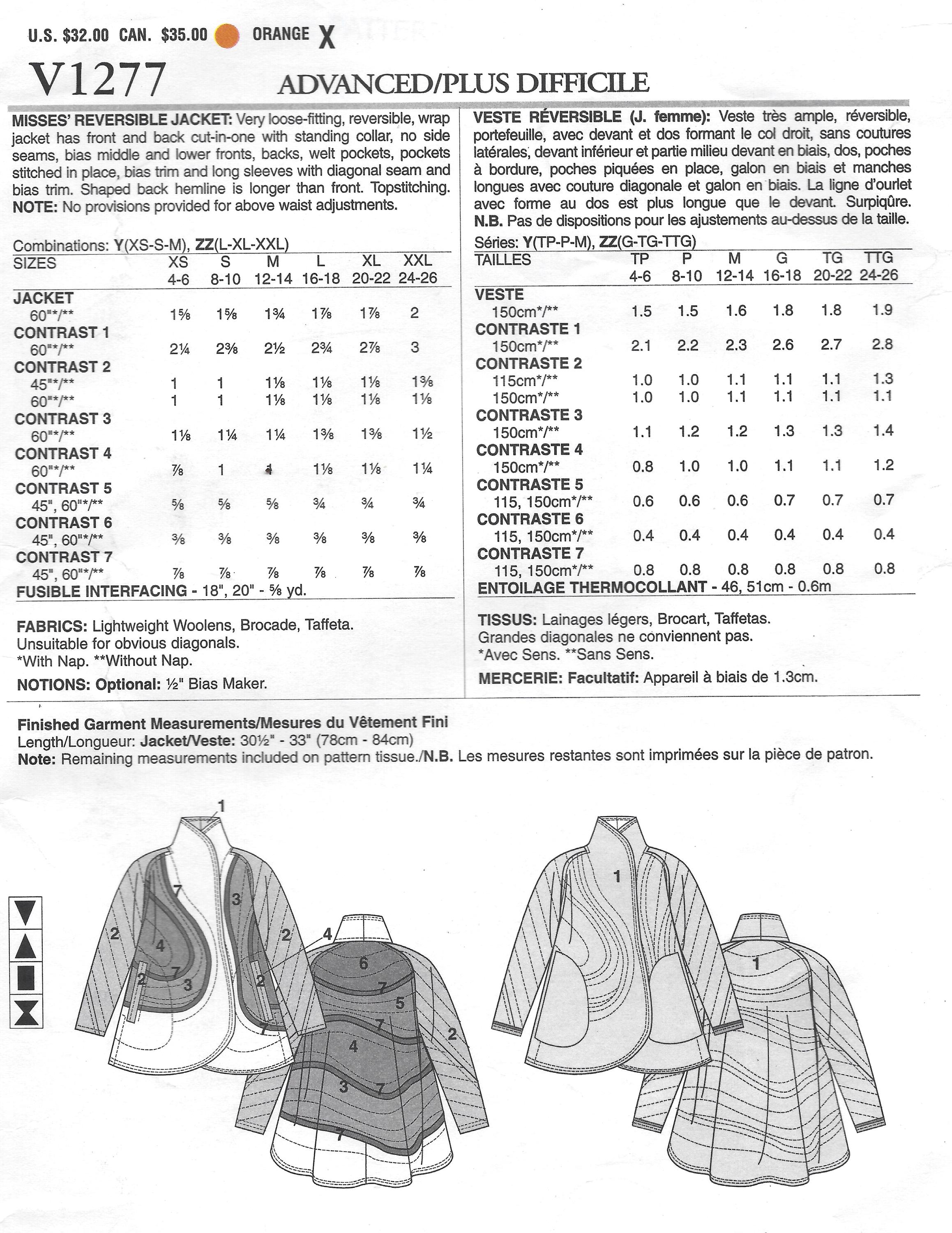 Jacket, Reversible by Koos Van Den Akker - Vogue 1277