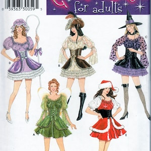 May include: A sewing pattern for five different adult costumes: a fairy, a pirate, a witch, a shepherdess, and a Santa Claus. The pattern is from Simplicity and is size RR 14, 16, 18, 20. The pattern number is 4046.