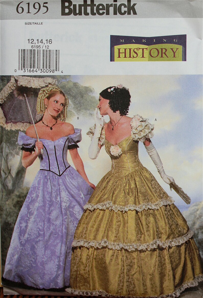 Puede incluir: Un patr&oacute;n de costura vintage para dos vestidos de mujer. El patr&oacute;n es para las tallas 12, 14 y 16. El patr&oacute;n se llama "Making History" y es de Butterick. El n&uacute;mero del patr&oacute;n es 6195.