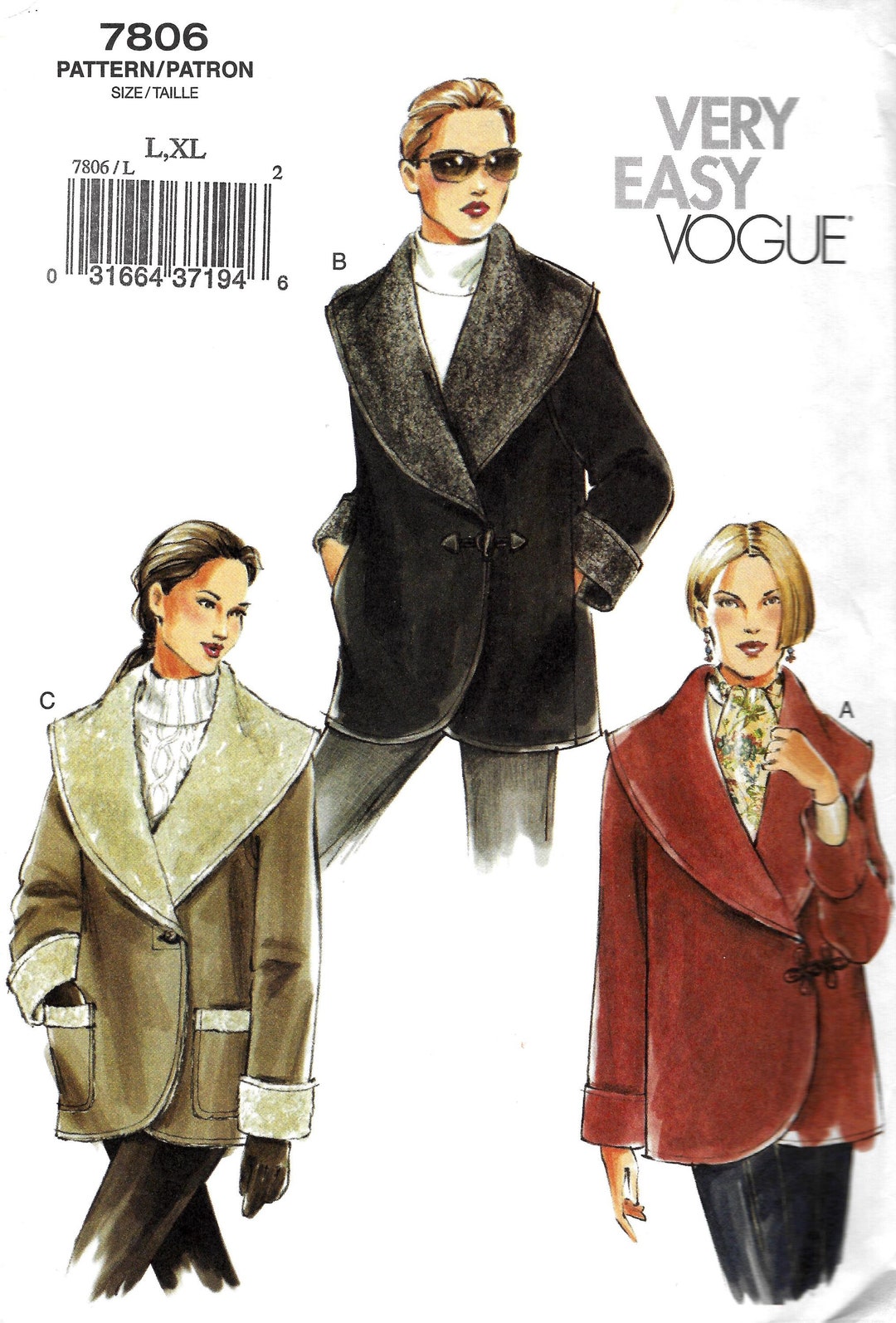 ♦SAVOY CLOTHING♦豹柄 ビッグキャスケット♢♢♢ Jacket, Shawl Collar - Vogue 7806 - Uncut Sewing Pattern - Etsy