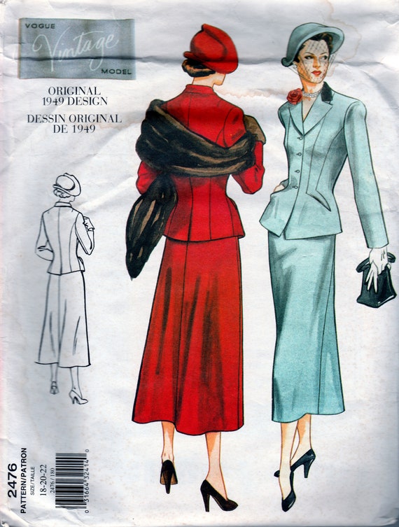 Retro 1949 Jacket & Skirt Reprint Vogue 2476 Uncut Pattern | Etsy