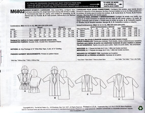 Cardigans Optional Hood Mccall's 6802 Uncut Sewing Pattern