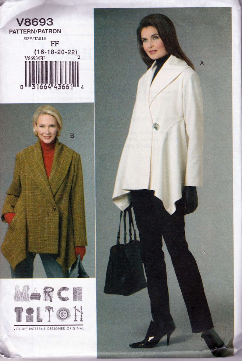 Puede incluir: Un patr&oacute;n de costura para un abrigo de mujer. El patr&oacute;n es para las tallas 16-18-20-22. El patr&oacute;n se llama V8693 y es un original de Vogue Patterns Designer.