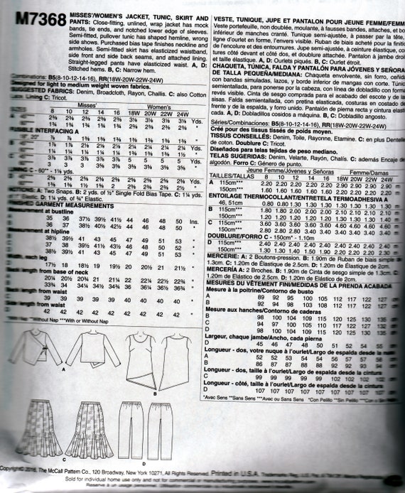Patron De Couture McCALL'S N°7368 - 4 Créations : Jupe, Tunique, Pantalon, Veste - Tailles 36 à 44