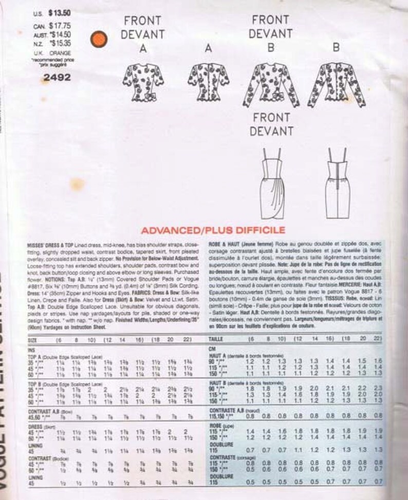 Vogue 2492 Dress & Lace Top Sewing Pattern by Albert Nipon - Etsy