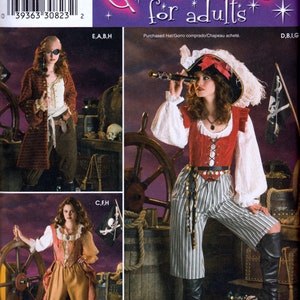 May include: A Simplicity sewing pattern for an adult pirate costume. The pattern includes instructions for making a red and white striped waistcoat, a white blouse, brown trousers, and a black hat with a red band. The pattern number is 3677 and the sizes are 14, 16, 18, and 20.