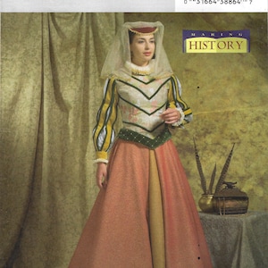 May include: A woman wearing a Renaissance-style dress with a yellow, green, and white bodice, a long red skirt, and a white veil. The dress is from a Butterick pattern, B4375, for sizes 14-16-18-20. The image also includes the text "Making History".