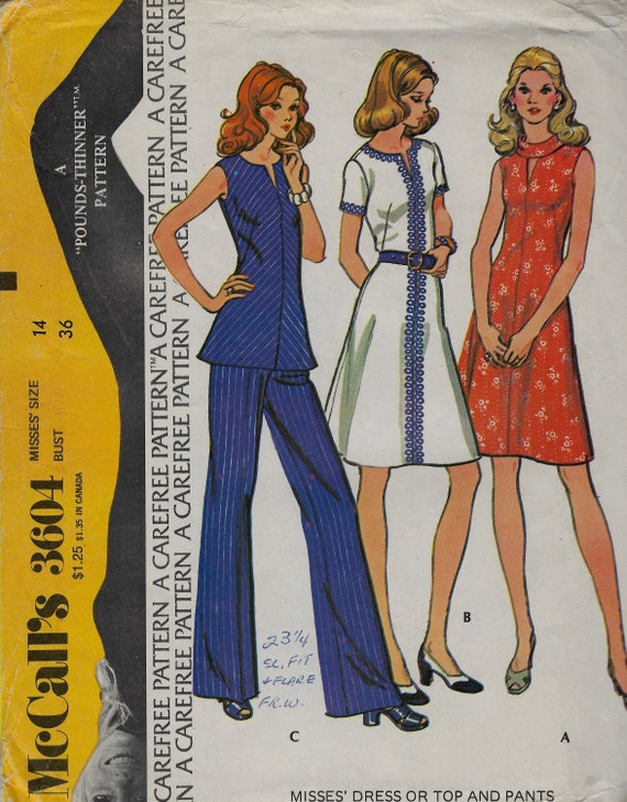 Dress, Top Bell Bottom Pants Mccall's 3604 Uncut Sewing