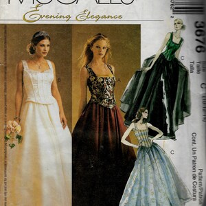 May include: A sewing pattern for three evening gowns. The first gown is white with a lace bodice and a full skirt. The second gown is burgundy with a floral print bodice and a full skirt. The third gown is blue with a floral print and a full skirt. The pattern is from McCall's Evening Elegance collection and is size 3676.