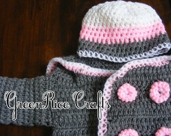 Grey Crocheted Pea Coat with Pink and White Matching Hat
