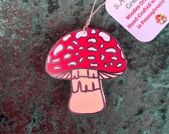 Hand-crafted wooden painted Amanita mushroom ornament. Please see description for more information.