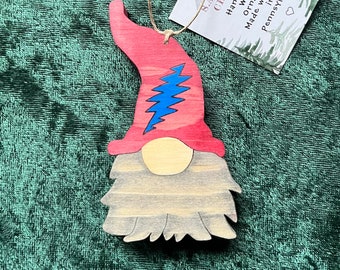 Hand-crafted wooden gnome with blue bolt ornament. Please see description for more information.