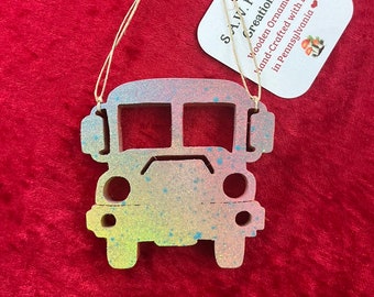 Hand-crafted wooden colorful painted bus ornament. Please see description for more information.