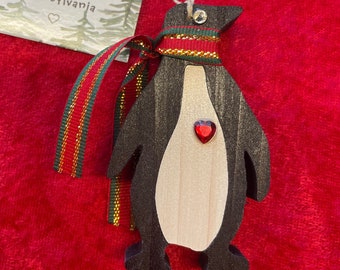 Hand-crafted wooden penguin ornament. Please see description for more information.