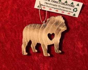 Hand-crafted wooden bulldog dog ornament. Please see description for more information.