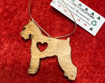 Handmade wooden ornament made from a recycled Christmas tree dog Schnauzer mini